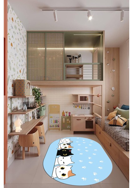 Sevimli Kediler Baskılı Yıkanabilir Kaymaz Oval Çocuk Odası Halısı, O-Çocuk-49-Mavi,