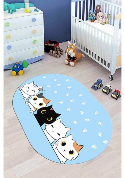 Sevimli Kediler Baskılı Yıkanabilir Kaymaz Oval Çocuk Odası Halısı, O-Çocuk-49-Mavi, modelleri