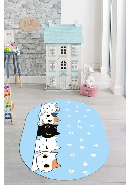 Sevimli Kediler Baskılı Yıkanabilir Kaymaz Oval Çocuk Odası Halısı, O-Çocuk-49-Mavi, fırsatları