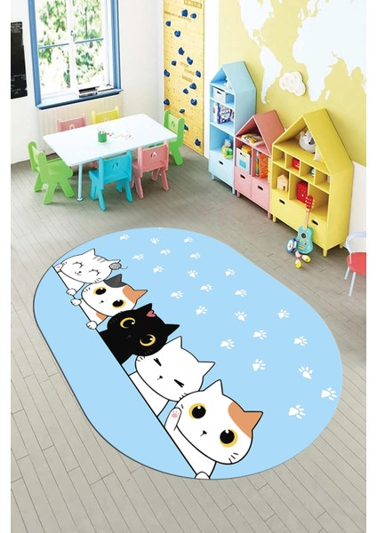 Sevimli Kediler Baskılı Yıkanabilir Kaymaz Oval Çocuk Odası Halısı, O-Çocuk-49-Mavi, indirimleri