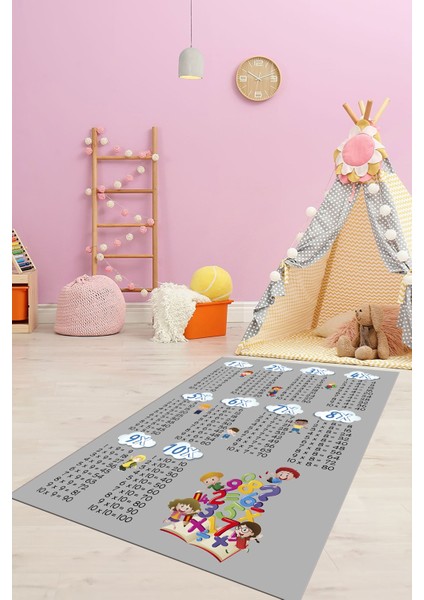 Dijital Baskılı Kaymaz Yıkanabilir Çarpım Tablosu Desenli Çocuk Odası Halısı, Çocuk-05-Gri,