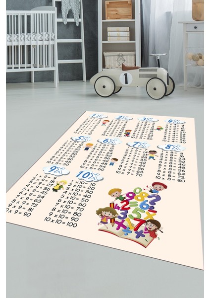 Dijital Baskılı Kaymaz Yıkanabilir Çarpım Tablosu Desenli Çocuk Odası Halısı, Çocuk-05-Krem,