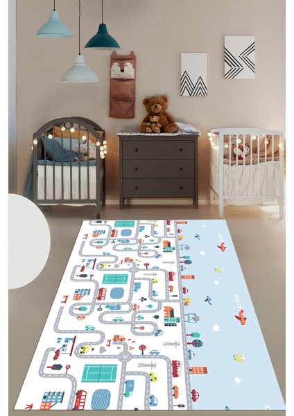 Dijital Baskılı Kaymaz Yıkanabilir Şehir Trafik Temalı Çocuk Odası Oyun Halısı, Çocuk-19-Renkli, indirimleri