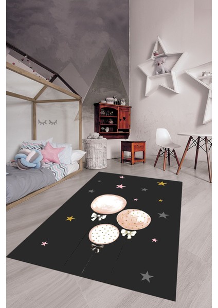 Dijital Baskılı Kaymaz Yıkanabilir Balon Yıldız Desenli Çocuk Odası Halısı, Çocuk-24-Antrasit,