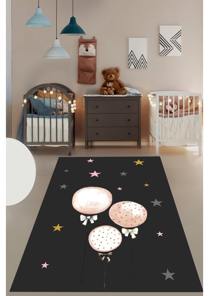 Dijital Baskılı Kaymaz Yıkanabilir Balon Yıldız Desenli Çocuk Odası Halısı, Çocuk-24-Antrasit, fırsatları