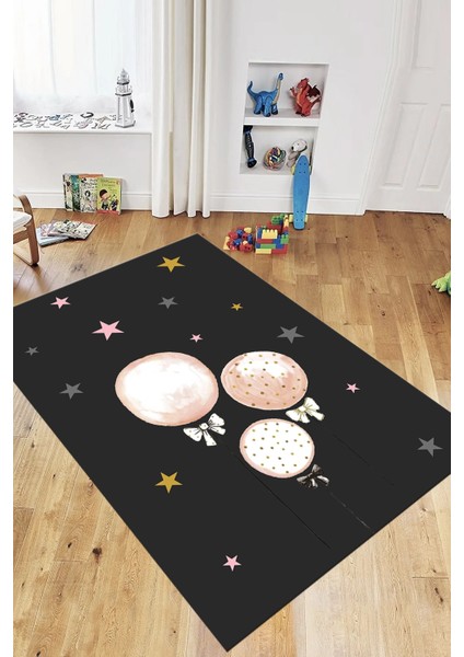 Dijital Baskılı Kaymaz Yıkanabilir Balon Yıldız Desenli Çocuk Odası Halısı, Çocuk-24-Antrasit, indirimleri