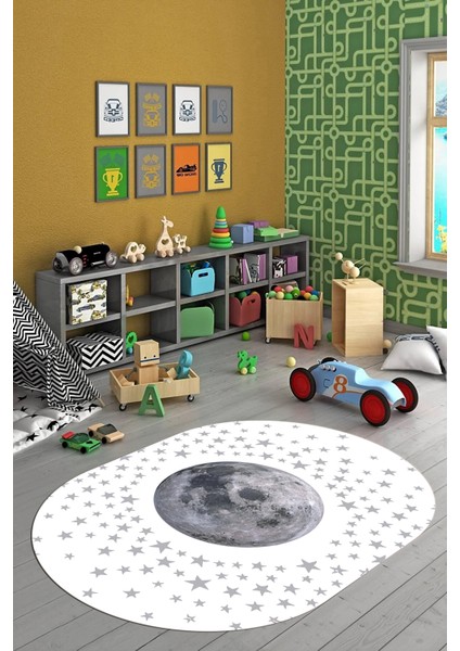 Dijital Kaymaz Taban Yıkanabilir Yıldız Ay Desen Oval Çocuk Odası Halısı, O-Çocuk-27-Beyaz,