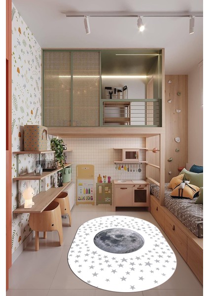 Dijital Kaymaz Taban Yıkanabilir Yıldız Ay Desen Oval Çocuk Odası Halısı, O-Çocuk-27-Beyaz, fırsatları