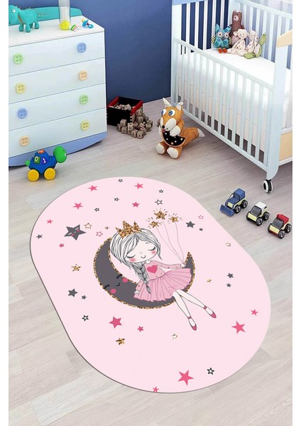 Kaymaz Taban Yıkanabilir Ayda Oturan Prenses Desenli Oval Çocuk Odası Halısı, O-Çocuk-13-Pembe,