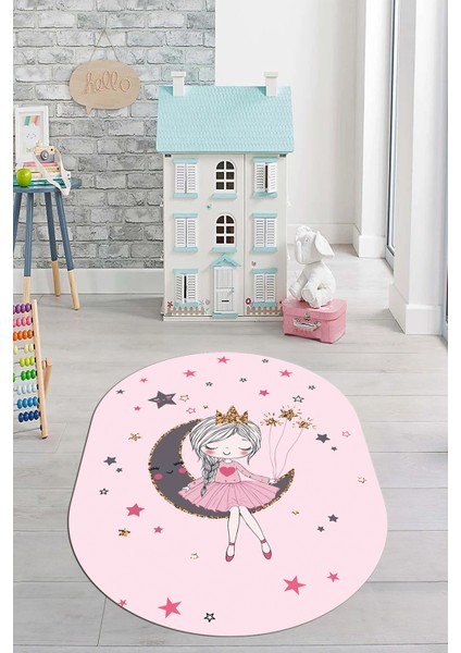 Kaymaz Taban Yıkanabilir Ayda Oturan Prenses Desenli Oval Çocuk Odası Halısı, O-Çocuk-13-Pembe, fiyatları