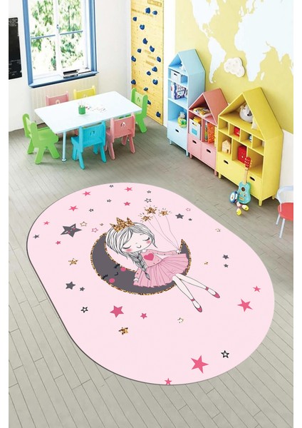 Kaymaz Taban Yıkanabilir Ayda Oturan Prenses Desenli Oval Çocuk Odası Halısı, O-Çocuk-13-Pembe, modelleri