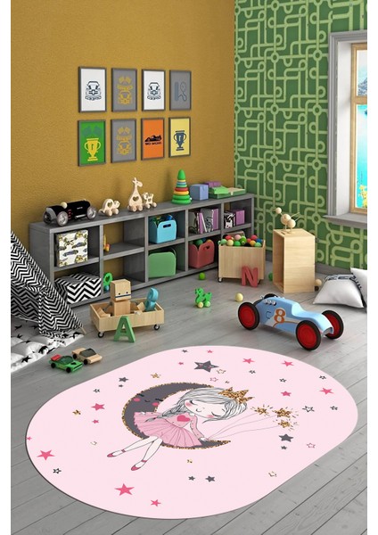 Kaymaz Taban Yıkanabilir Ayda Oturan Prenses Desenli Oval Çocuk Odası Halısı, O-Çocuk-13-Pembe, fırsatları