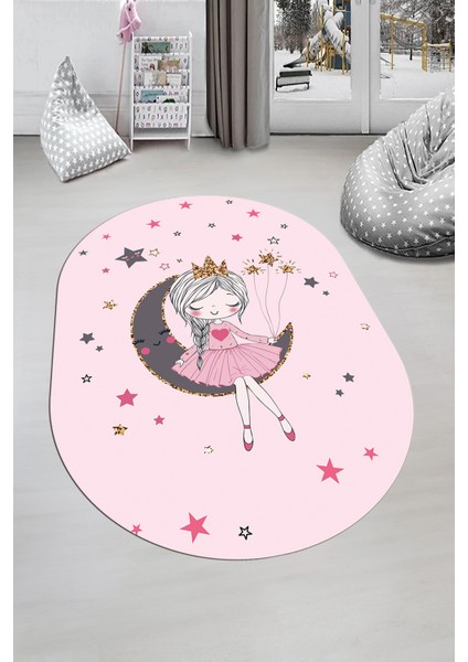 Kaymaz Taban Yıkanabilir Ayda Oturan Prenses Desenli Oval Çocuk Odası Halısı, O-Çocuk-13-Pembe, indirimleri