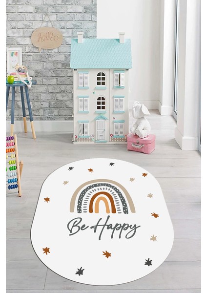 Kaymaz Taban Yıkanabilir Be Happy Yazılı Gökküşağı Desenli Oval Çocuk Halısı, O-Çocuk-14-Beyaz,