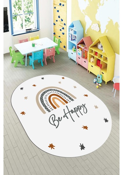 Kaymaz Taban Yıkanabilir Be Happy Yazılı Gökküşağı Desenli Oval Çocuk Halısı, O-Çocuk-14-Beyaz,
