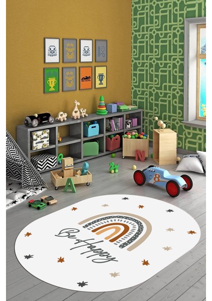 Kaymaz Taban Yıkanabilir Be Happy Yazılı Gökküşağı Desenli Oval Çocuk Halısı, O-Çocuk-14-Beyaz,