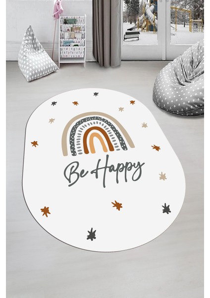 Kaymaz Taban Yıkanabilir Be Happy Yazılı Gökküşağı Desenli Oval Çocuk Halısı, O-Çocuk-14-Beyaz,