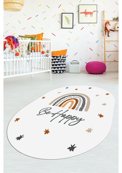 Kaymaz Taban Yıkanabilir Be Happy Yazılı Gökküşağı Desenli Oval Çocuk Halısı, O-Çocuk-14-Beyaz,