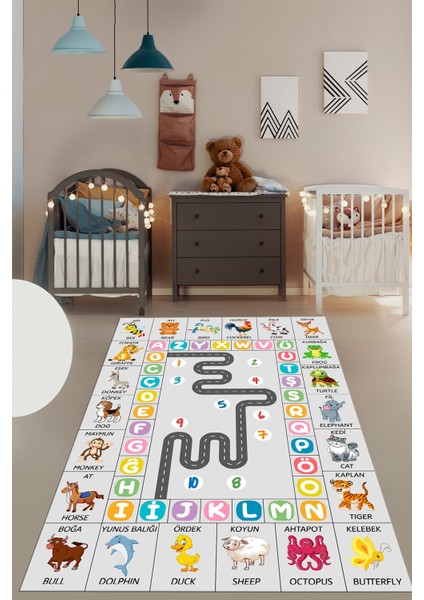 Ingilizce Harf ve Hayvan Temalı Eğitici Çocuk Odası Oyun Halısı, Çocuk-44-Renlki,