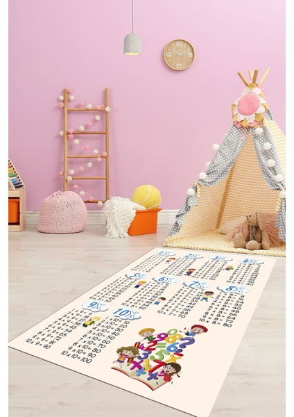 Dijital Baskılı Kaymaz Yıkanabilir Çarpım Tablosu Desenli Çocuk Odası Halısı, Çocuk-05-Krem,