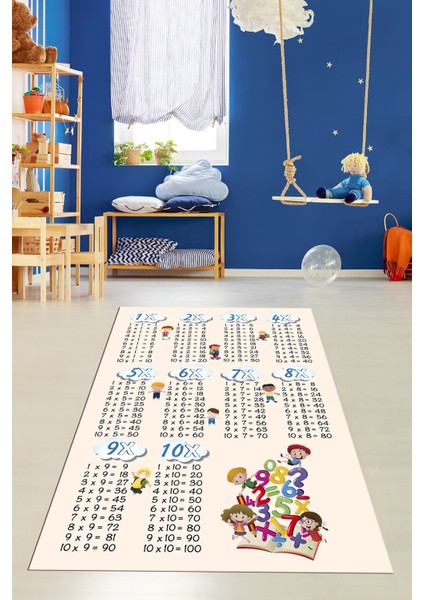 Dijital Baskılı Kaymaz Yıkanabilir Çarpım Tablosu Desenli Çocuk Odası Halısı, Çocuk-05-Krem,