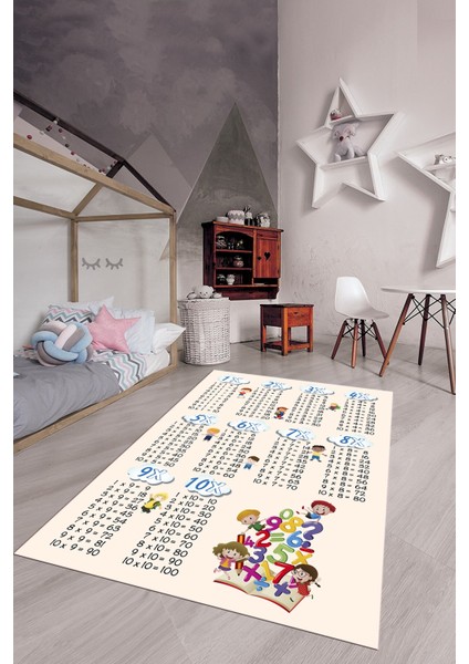 Dijital Baskılı Kaymaz Yıkanabilir Çarpım Tablosu Desenli Çocuk Odası Halısı, Çocuk-05-Krem,