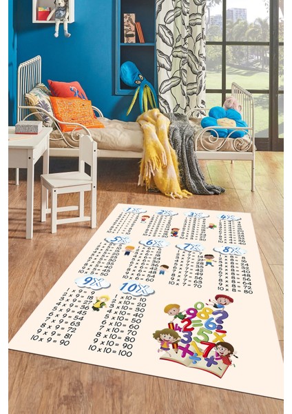Dijital Baskılı Kaymaz Yıkanabilir Çarpım Tablosu Desenli Çocuk Odası Halısı, Çocuk-05-Krem,