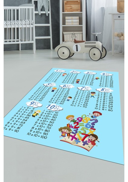 Dijital Baskılı Kaymaz Yıkanabilir Çarpım Tablosu Desenli Çocuk Odası Halısı, Çocuk-05-Mavi,