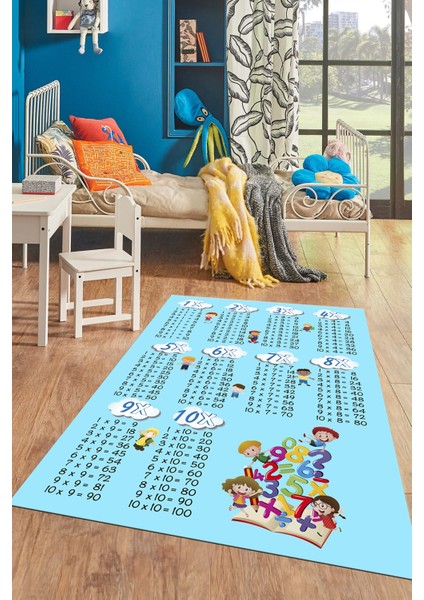 Dijital Baskılı Kaymaz Yıkanabilir Çarpım Tablosu Desenli Çocuk Odası Halısı, Çocuk-05-Mavi, indirimleri