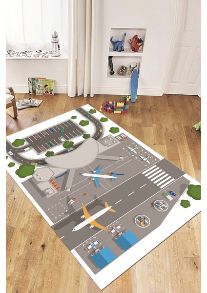 Havalimanı Uçak Temalı Eğitici Eğkendirici Çocuk Odası Oyun Halısı, Çocuk-50-Beyaz,