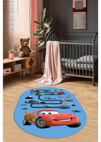 Dijital Kaymaz Yıkanabilir Renkli Arabalar Eğitici Oval Çocuk Odası Halısı, O-Çocuk-03-Mavi,