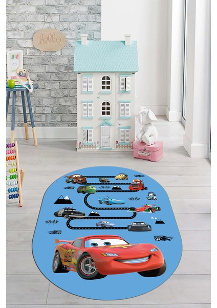 Dijital Kaymaz Yıkanabilir Renkli Arabalar Eğitici Oval Çocuk Odası Halısı, O-Çocuk-03-Mavi, modelleri