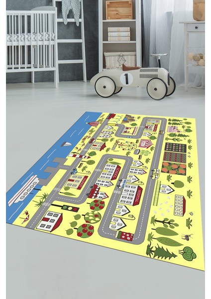 Kaymaz Taban Yıkanabilir Trafik Eğitici Çocuk Odası Oyun Halısı, Çocuk-07-Sarı,