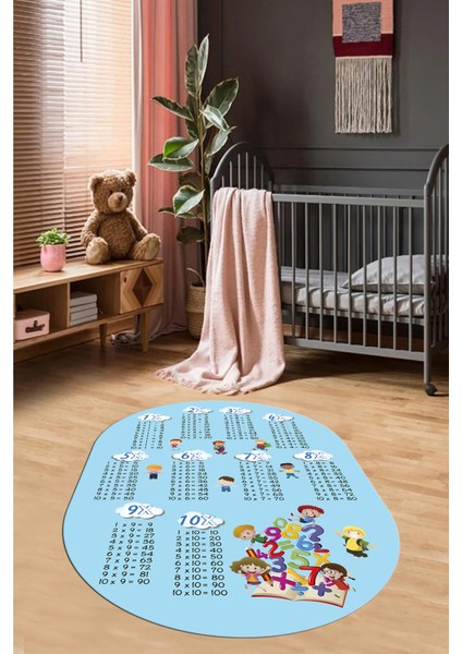 Dijital Kaymaz Yıkanabilir Çarpım Tablosu Desenli Oval Çocuk Odası Halısı, O-Çocuk-05-Mavi,