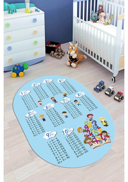 Dijital Kaymaz Yıkanabilir Çarpım Tablosu Desenli Oval Çocuk Odası Halısı, O-Çocuk-05-Mavi, fiyatları