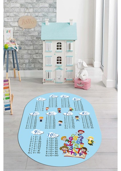 Dijital Kaymaz Yıkanabilir Çarpım Tablosu Desenli Oval Çocuk Odası Halısı, O-Çocuk-05-Mavi, modelleri