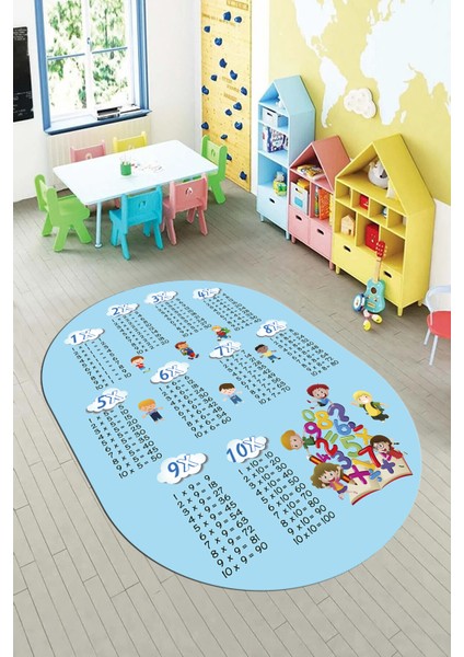 Dijital Kaymaz Yıkanabilir Çarpım Tablosu Desenli Oval Çocuk Odası Halısı, O-Çocuk-05-Mavi, fırsatları