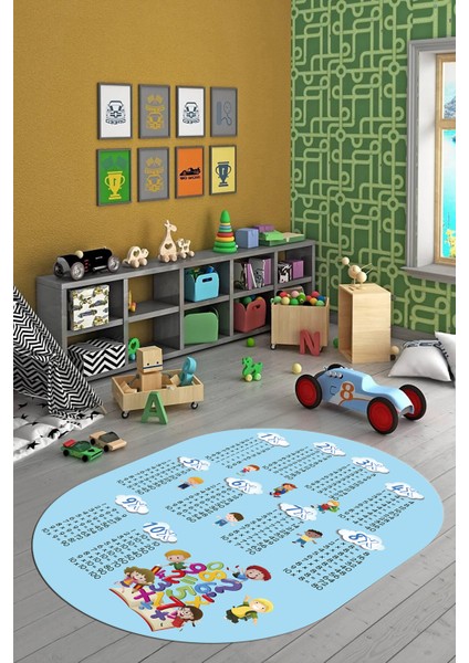 Dijital Kaymaz Yıkanabilir Çarpım Tablosu Desenli Oval Çocuk Odası Halısı, O-Çocuk-05-Mavi, indirimleri