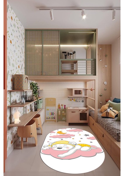 Dijital Baskılı Kaymaz Yıkanabilir Sevimli Ayıcık Desen Oval Çocuk Odası Halısı, O-Çocuk-34-Pembe, modelleri
