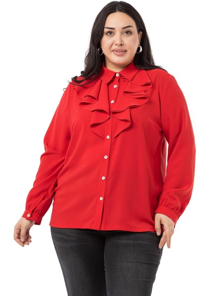 Büyük Beden Yakası Çift Volanlı Kırmızı Gömlek