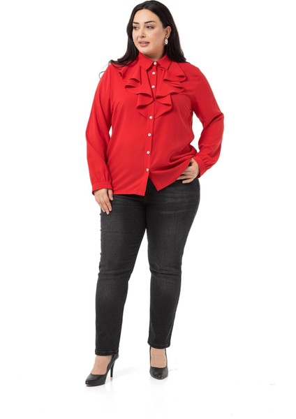 Büyük Beden Yakası Çift Volanlı Kırmızı Gömlek fiyatları
