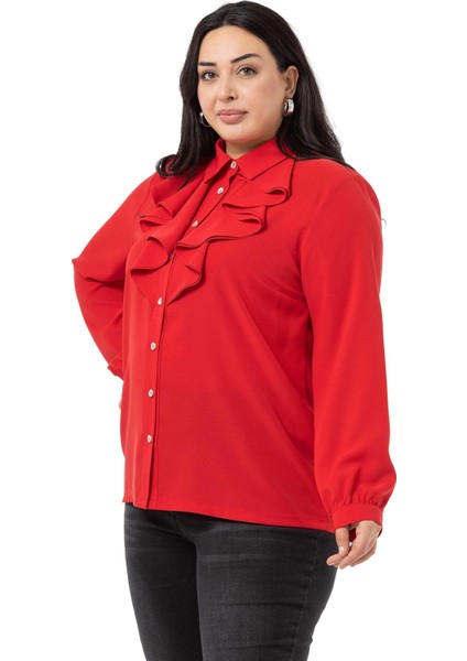 Büyük Beden Yakası Çift Volanlı Kırmızı Gömlek fırsatları