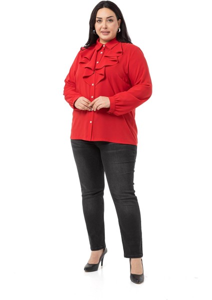 Büyük Beden Yakası Çift Volanlı Kırmızı Gömlek indirimleri