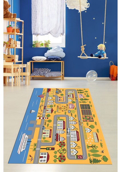 Kaymaz Taban Yıkanabilir Trafik Eğitici Çocuk Odası Oyun Halısı, Çocuk-07-Turuncu, modelleri