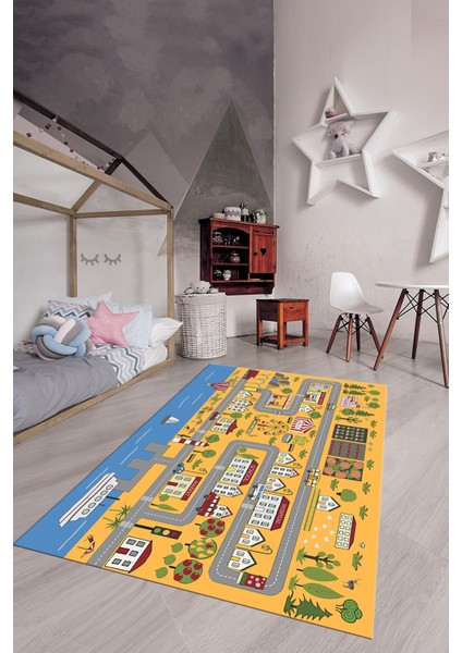 Kaymaz Taban Yıkanabilir Trafik Eğitici Çocuk Odası Oyun Halısı, Çocuk-07-Turuncu, fırsatları