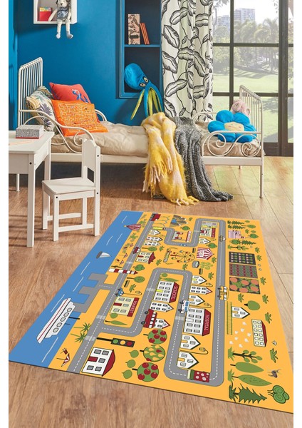 Kaymaz Taban Yıkanabilir Trafik Eğitici Çocuk Odası Oyun Halısı, Çocuk-07-Turuncu, indirimleri