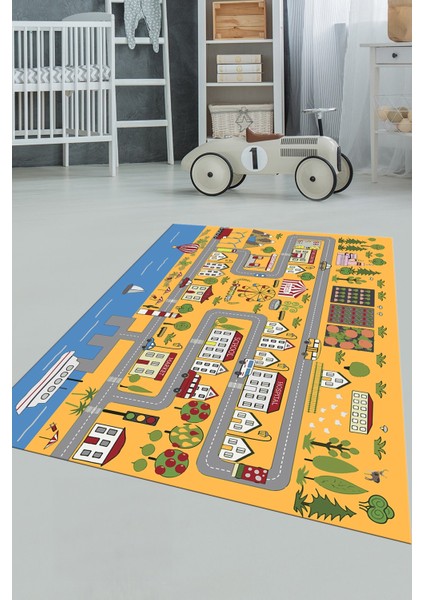 Kaymaz Taban Yıkanabilir Trafik Eğitici Çocuk Odası Oyun Halısı, Çocuk-07-Turuncu,