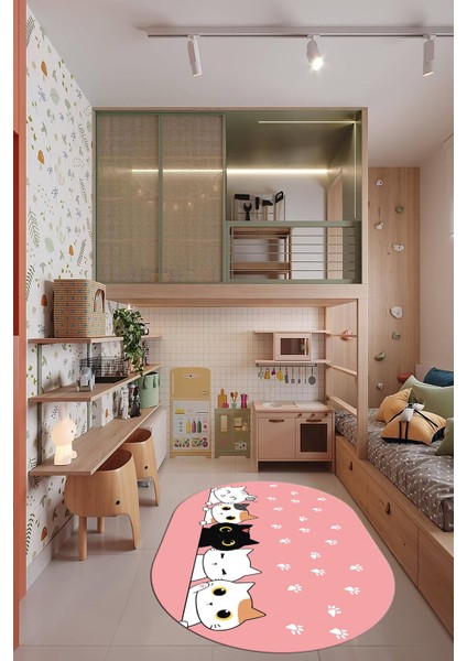 Sevimli Kediler Baskılı Yıkanabilir Kaymaz Oval Çocuk Odası Halısı, O-Çocuk-49-Pembe,