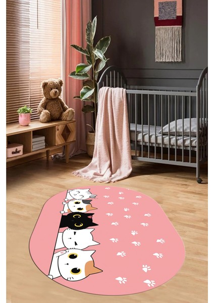 Sevimli Kediler Baskılı Yıkanabilir Kaymaz Oval Çocuk Odası Halısı, O-Çocuk-49-Pembe,
