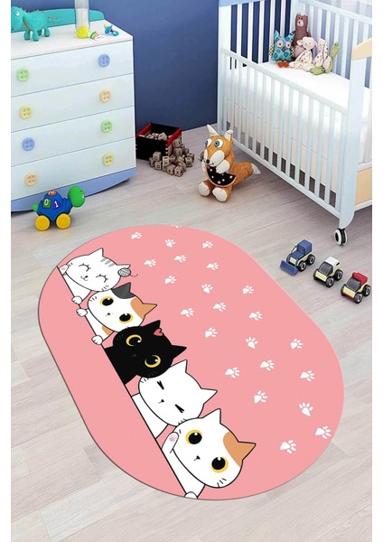 Sevimli Kediler Baskılı Yıkanabilir Kaymaz Oval Çocuk Odası Halısı, O-Çocuk-49-Pembe,